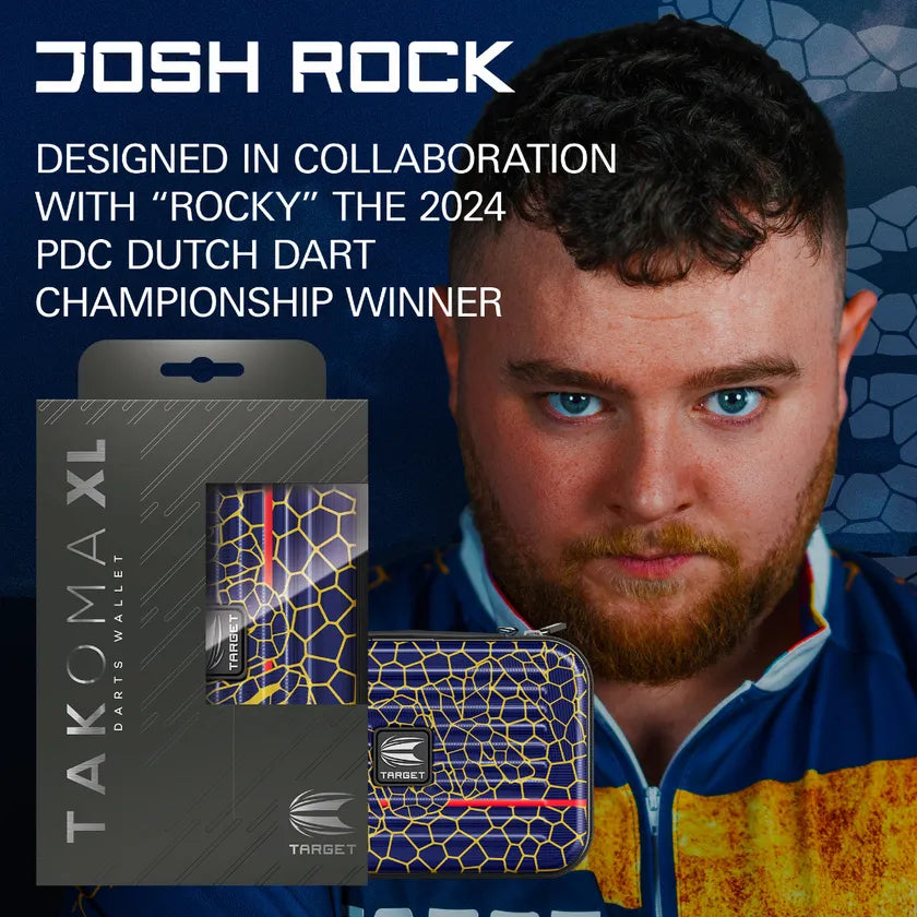 Takoma XL Josh Rock darts case in retail packaging and on display, featuring blue hexagon pattern and zip closure, ideal for dart storage