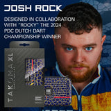 Takoma XL Josh Rock darts case in retail packaging and on display, featuring blue hexagon pattern and zip closure, ideal for dart storage
