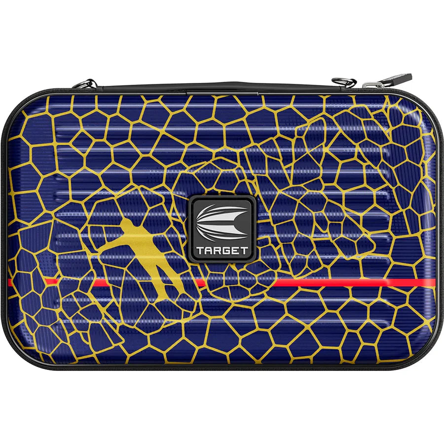 Full view of XL dart case with blue and yellow geometric pattern, zipper closure, accented logo badge, and silhouette dart player design