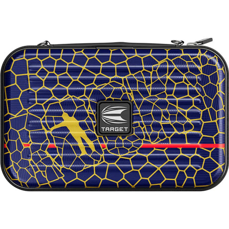 Full view of XL dart case with blue and yellow geometric pattern, zipper closure, accented logo badge, and silhouette dart player design