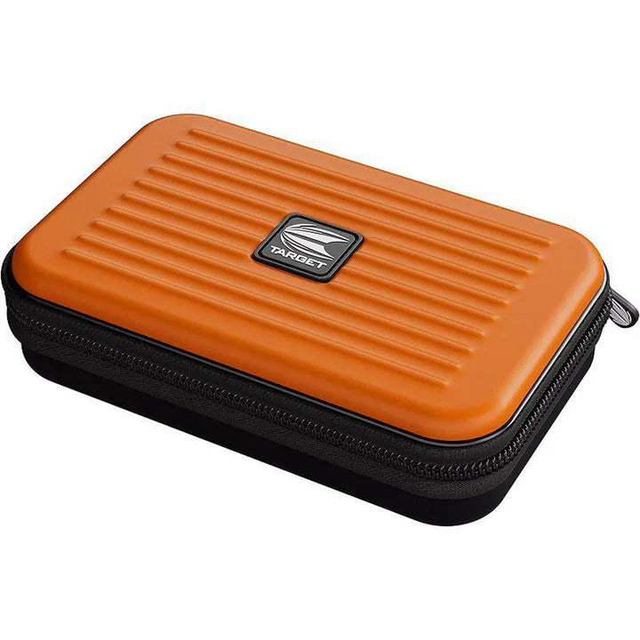 XL orange dart case with durable hard shell, ribbed texture, and zipper closure, angled on white background for dart storage