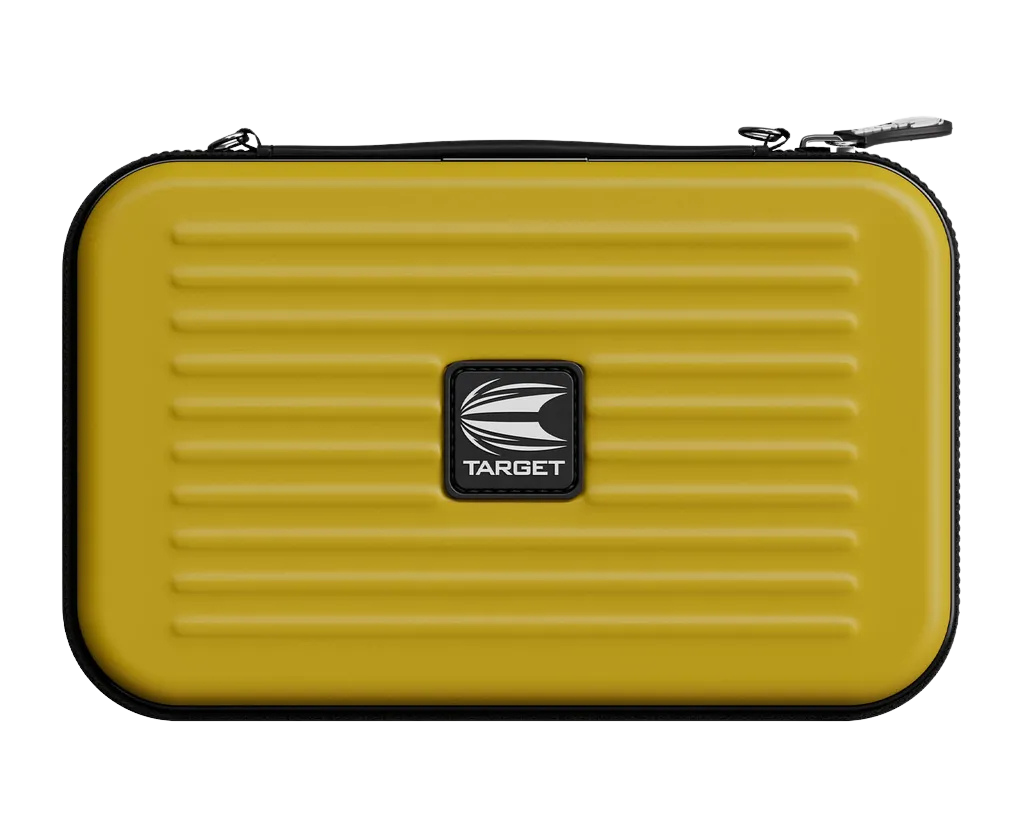 Yellow XL darts case with ribbed hard shell, top-down view, secure zipper closure, protective dart equipment storage