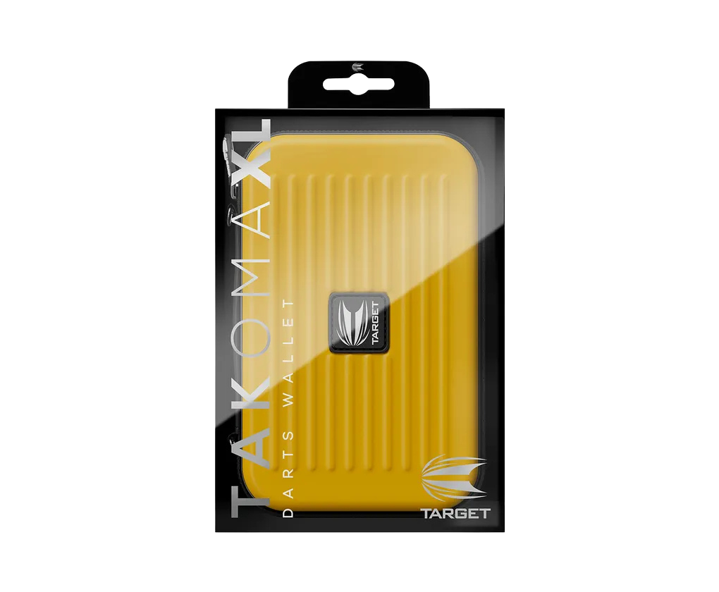 Yellow Takoma XL darts case in retail packaging, full product view showing hard shell design for dart storage and protection