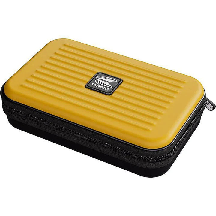Yellow XL darts case angled view with ribbed hard shell, protective zip closure, isolated on white background