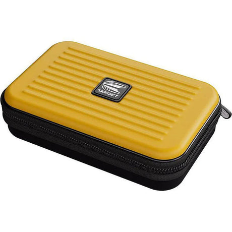 Yellow XL darts case angled view with ribbed hard shell, protective zip closure, isolated on white background