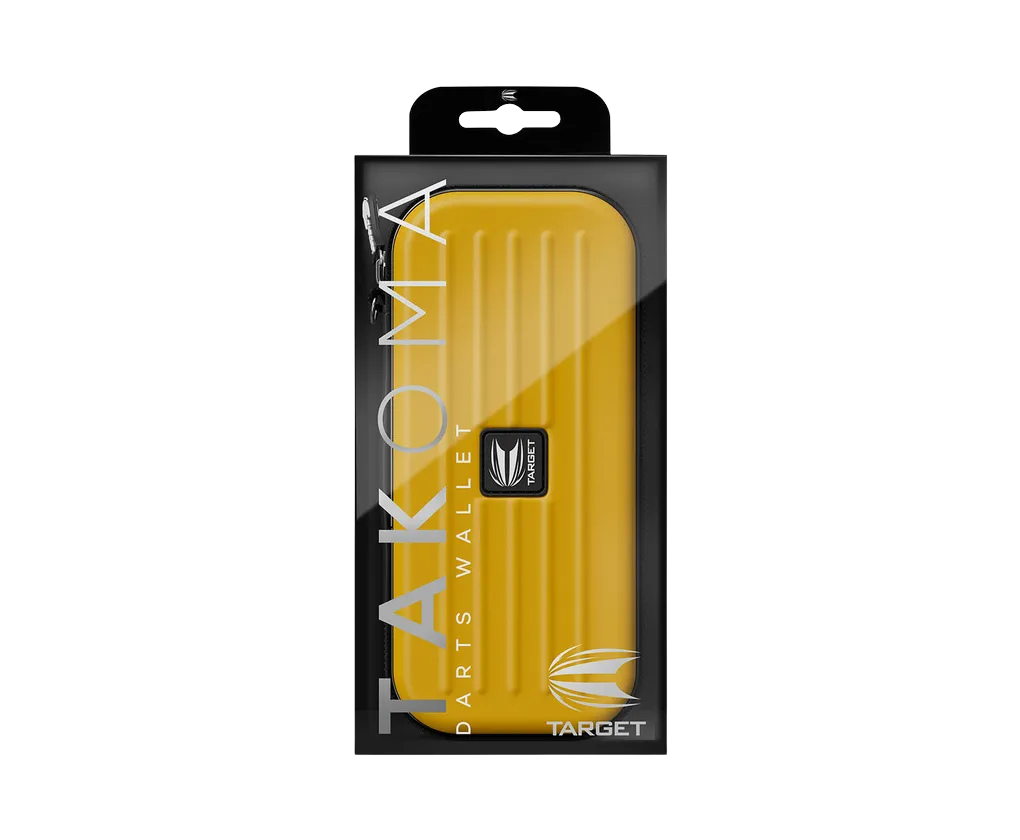 Yellow darts case in retail packaging, rigid EVA shell with embossed panel design, ideal for storing darts and accessories