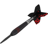 Angled view tungsten dart with black grooved grip, red ring detail, Pro Grip shaft, and textured black-red flight on white background