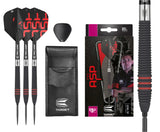 Full set of 80% tungsten steel tip darts with pro grip shafts, black and red ringed barrels, flights, case, spare part, packaging, and barrel close-up.
