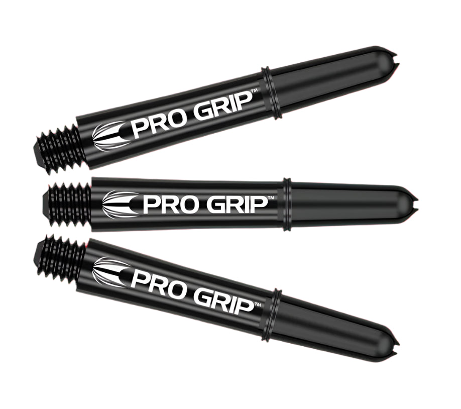 Three black Pro Grip dart shafts with threaded tips, horizontal display on white background for tungsten darts