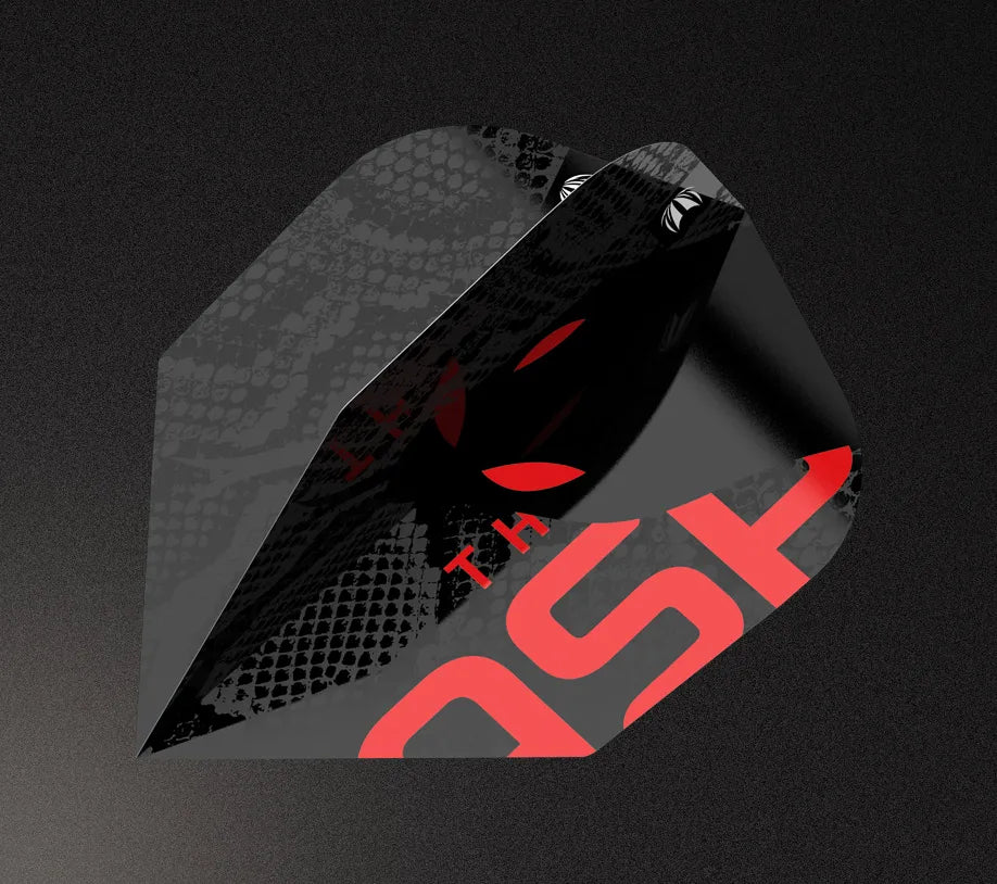 Close-up angled shot of dart flight featuring textured black carbon pattern and bold red lettering, ideal for tungsten darts setup