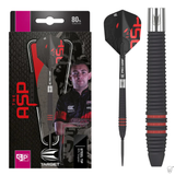 Steel tip tungsten dart set in retail packaging with close-up of black grooved grip and red rings for precision