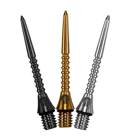 Three titanium grooved dart conversion points upright on white, showing detailed grip texture and threaded base for darts