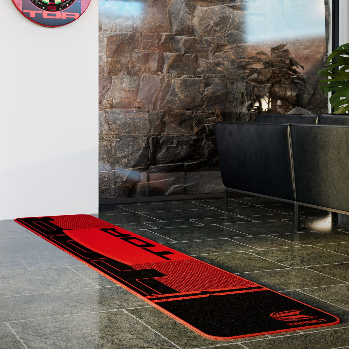 Target TOR Dart Mat laid out in a home darts area