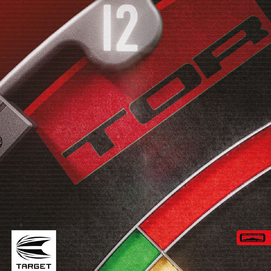 Close-up of dartboard sector 12 with TOR branding, red and green scoring segments, textured board surface