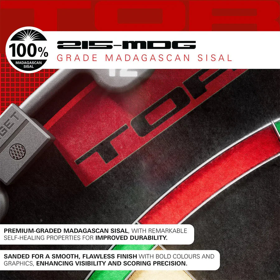 Close-up of TOR dartboard showing premium Madagscan sisal surface, fine segment stitching, and crisp numbering for scoring accuracy