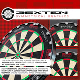 Close-up and angled views of dartboard showcasing rotational number ring, clearly marked segments, and symmetrical graphics for consistent play.