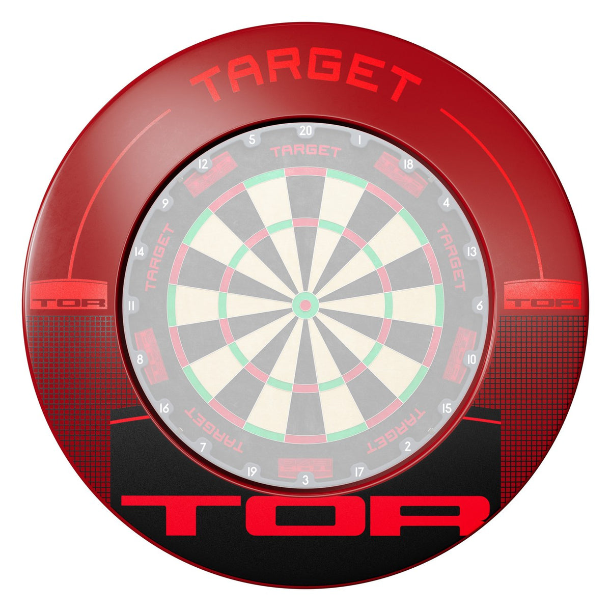 Target TOR Dartboard Surround in red and black fitted around a dartboard