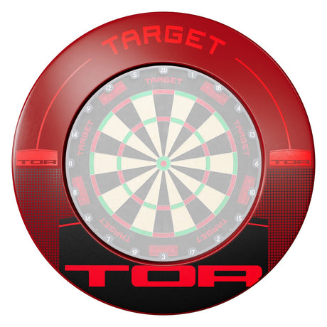 Target TOR Dartboard Surround in red and black fitted around a dartboard