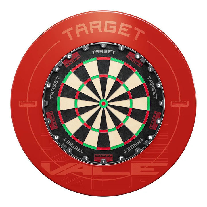 Red dartboard surround ring with printed design shown top-down around a standard bristle dartboard, isolated on white background