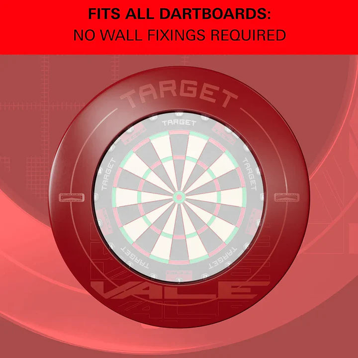 Red dartboard surround with printed details shown top-down on standard dartboard, highlights fit and no wall fixings required