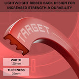 Close-up of red dartboard surround showing ribbed back texture and dimensions, ideal for dartboard protection and durability