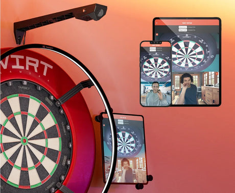 Virt Camera dual-camera dartboard setup mounted above board, live streaming dart game on tablet and smartphone screens