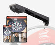Virt Camera system angled above dartboard, displaying live darts footage on tablet and smartphone, isolated on white