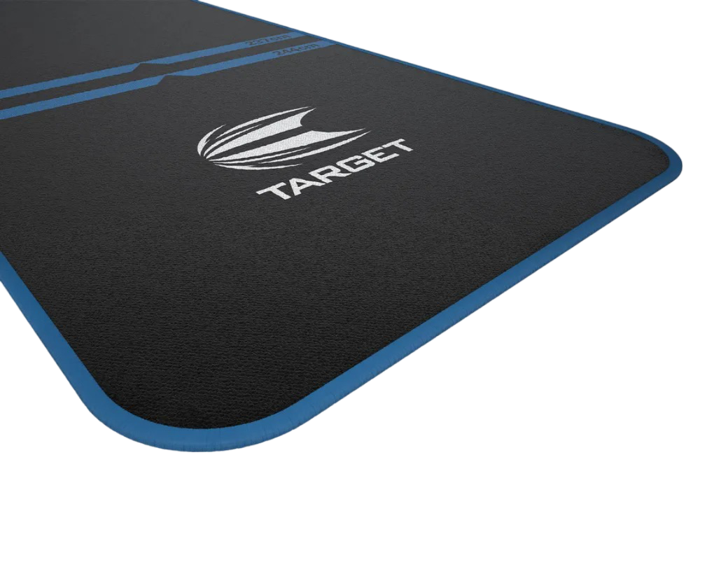 Angled dart mat close-up with blue edges, throw lines, and oche markings for precise darts setup