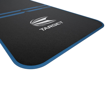 Angled dart mat close-up with blue edges, throw lines, and oche markings for precise darts setup