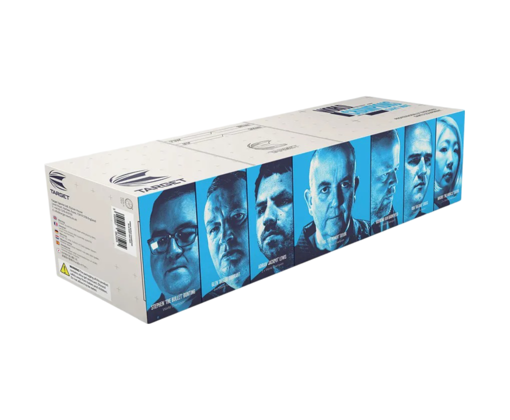Dart mat box displaying world champion player portraits in blue design, full packaging view isolated on white background