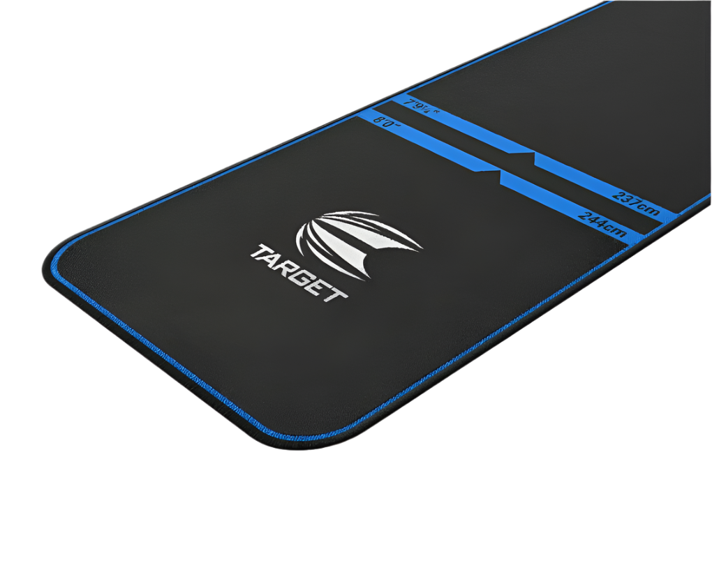 Angled view dart mat with blue oche distance lines, black surface, edge stitching, and measurement marks for darts setup