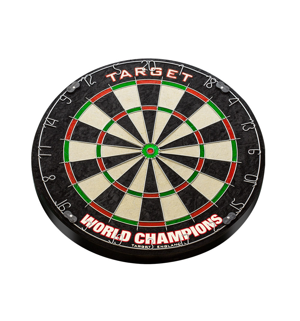 Angled full view of World Champions dartboard with clear wire numbers, self-healing bristle surface, isolated on white background
