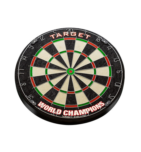Angled full view of World Champions dartboard with clear wire numbers, self-healing bristle surface, isolated on white background