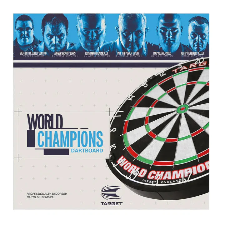 World Champions dartboard packaging with angled dartboard view, player portraits, and clear bristle segment detail