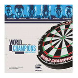 World Champions dartboard packaging with angled dartboard view, player portraits, and clear bristle segment detail