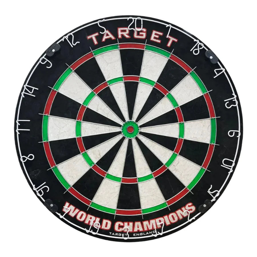 Professional bristle dartboard full front view with clear scoring zones and premium wiring, ideal for competitive darts play