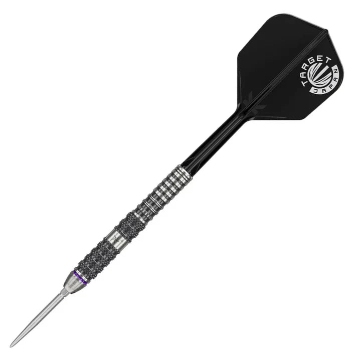 Angled full view of 90% tungsten dart with knurled grip barrel and black flight, isolated on white background