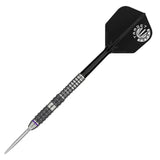 Angled full view of 90% tungsten dart with knurled grip barrel and black flight, isolated on white background