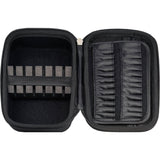Open darts case top-down view showing empty foam dart slots and accessory compartments for organized dart storage