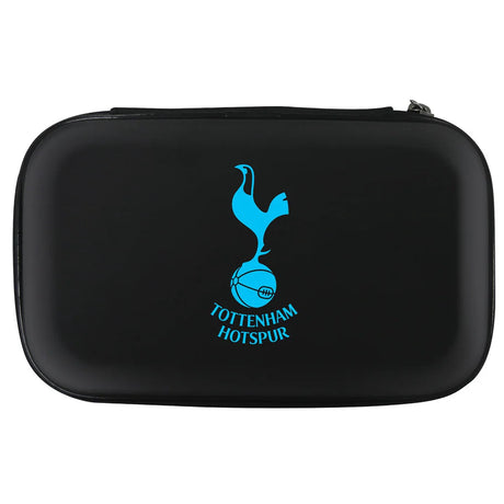Rectangular black darts case with sky blue Tottenham Hotspur crest, full product shot on white background, zippered dart storage accessory