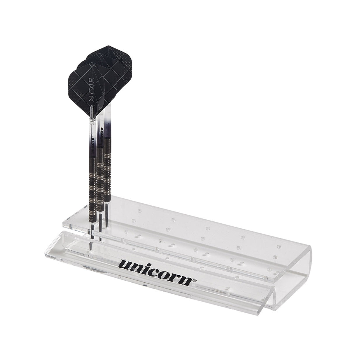 Unicorn clear acrylic dart stand holding six sets of darts