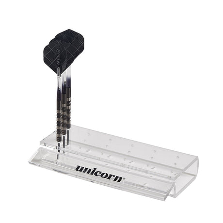 Unicorn clear acrylic dart stand holding six sets of darts