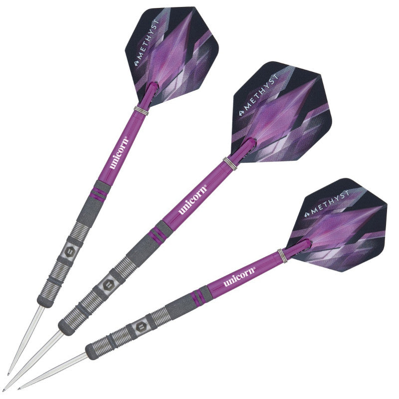 Three 90% tungsten darts with purple shafts and textured grip barrels, Amethyst flights, arranged on white background