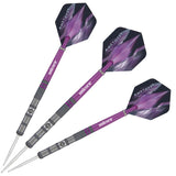 Three 90% tungsten darts with purple shafts and textured grip barrels, Amethyst flights, arranged on white background