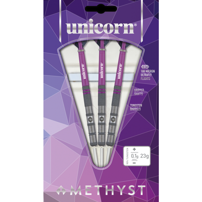 Three 90% tungsten amethyst darts in retail packaging, purple gripper shafts, textured barrels, ultrafly flights, 23g weight.