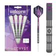 90% tungsten darts set in retail pack with amethyst grip, purple shafts, close-up of barrel texture, full assembled dart shown