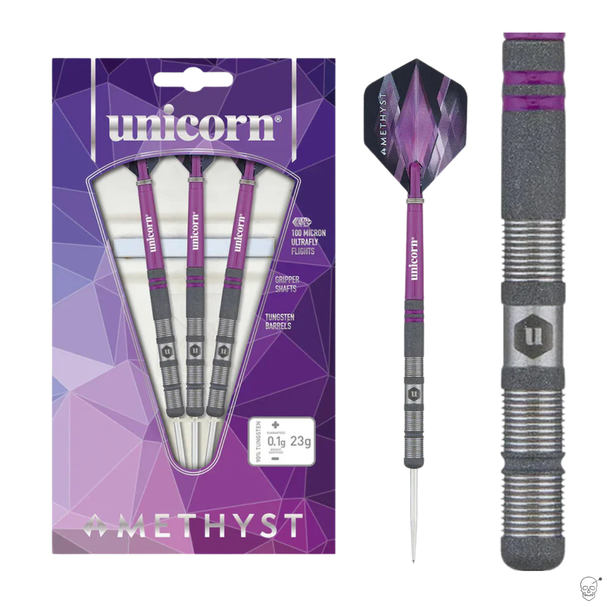 90% tungsten darts set in retail pack with amethyst grip, purple shafts, close-up of barrel texture, full assembled dart shown