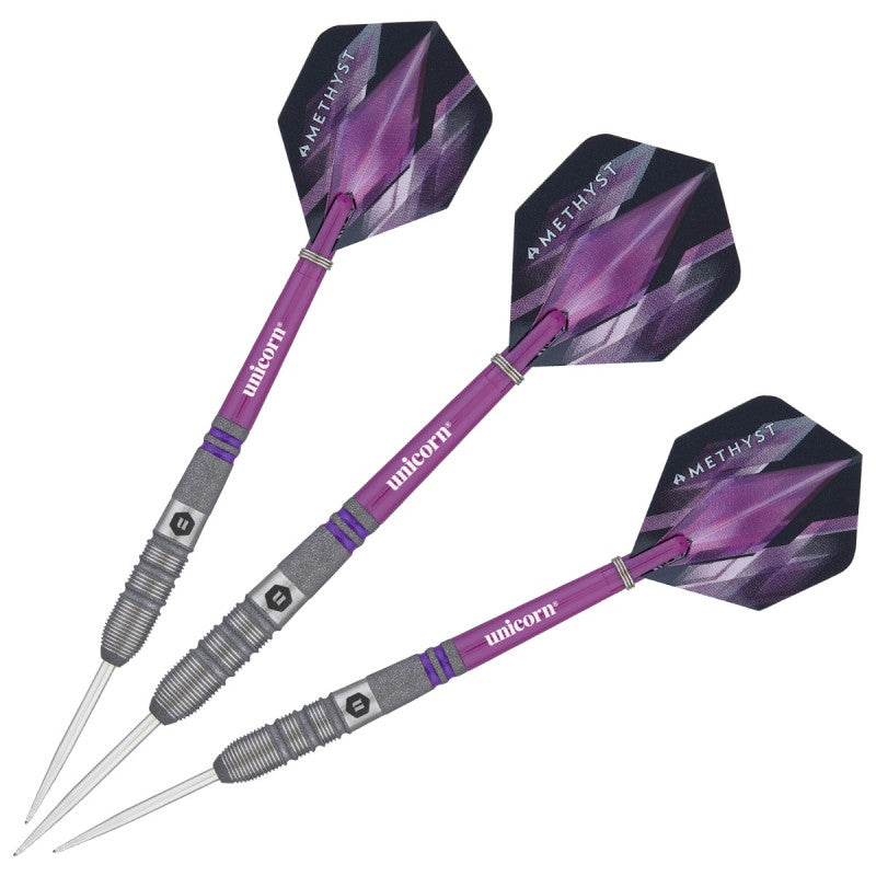 Three 90% tungsten darts with purple shafts, textured grip barrels, and amethyst flights arranged on white background