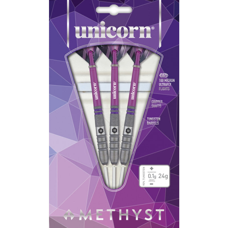 Three 90 tungsten darts with purple shafts and textured barrels displayed in retail packaging, full product view for dart players