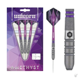 Full product packaging of amethyst tungsten darts with purple flights, single dart profile, and close-up of shot-blasted barrel grip texture